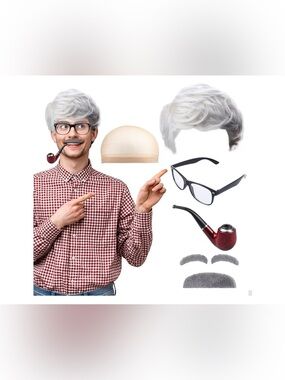 6 PCS Old Man Costume Kit Grandpa Costume ,Wig Cap,Glasses,Fake Beard,